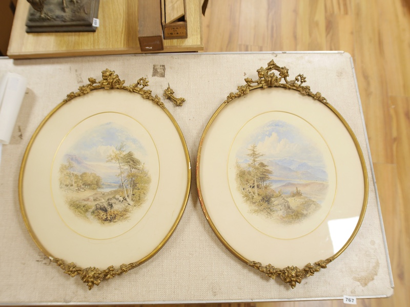 William Hull (1820-1880), pair of oval watercolours, Continental mountainous landscapes, 37 x 30cm, each gilt framed, signed and dated 1856. Condition - fair